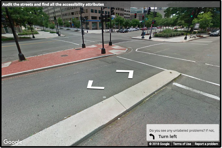 A Street View image of a curb ramp from a distance without a label