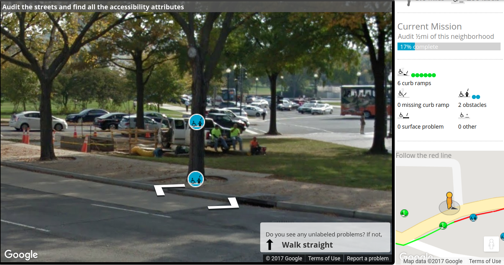 A Street View image with a tree in the middle of the sidewalk