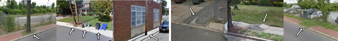 Examples of accessibility attributes: curb ramps, missing curb ramps, obstacles in path, and surface problems.